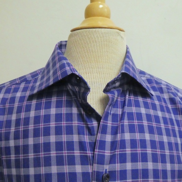 ETON of Sweden BLUE white PLAID CONTEMPORARY Fit cotton shirt 16 NWT
